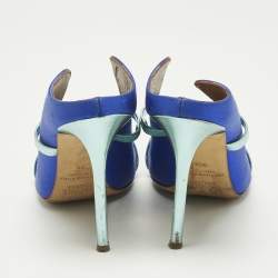 Pre Owned Malone Souliers Blue/Green Leather and Satin Maureen Mules Size 38.5