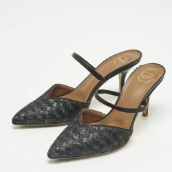 Pre Owned Malone Souliers Black/Navy Blue Woven Fabric Marla Mules Size 37.5