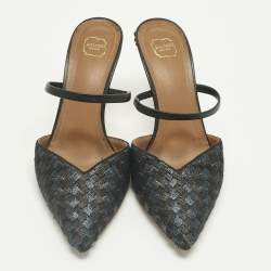 Pre Owned Malone Souliers Black/Navy Blue Woven Fabric Marla Mules Size 37.5