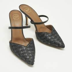 Pre Owned Malone Souliers Black/Navy Blue Woven Fabric Marla Mules Size 37.5