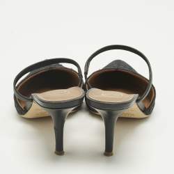 Pre Owned Malone Souliers Black/Navy Blue Woven Fabric Marla Mules Size 37.5