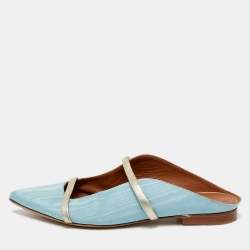 Pre Owned Malone Souliers Blue/Gold Canvas and Leather Maureen Flat Mules Size 39