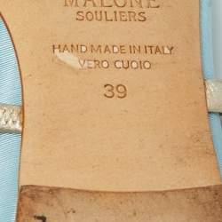 Pre Owned Malone Souliers Blue/Gold Canvas and Leather Maureen Flat Mules Size 39