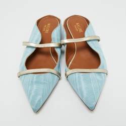 Pre Owned Malone Souliers Blue/Gold Canvas and Leather Maureen Flat Mules Size 39