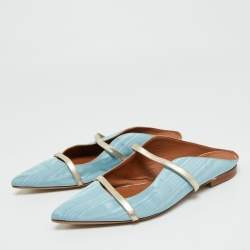 Pre Owned Malone Souliers Blue/Gold Canvas and Leather Maureen Flat Mules Size 39