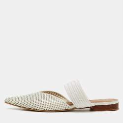 Pre Owned Malone Souliers White Perforated Leather and Maisie Cord Pointed Toe Mules Size 40.5
