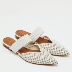 Pre Owned Malone Souliers White Perforated Leather and Maisie Cord Pointed Toe Mules Size 40.5