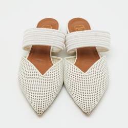 Pre Owned Malone Souliers White Perforated Leather and Maisie Cord Pointed Toe Mules Size 40.5