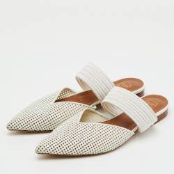 Pre Owned Malone Souliers White Perforated Leather and Maisie Cord Pointed Toe Mules Size 40.5