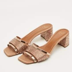 Pre Owned Malone Souliers Size 39.5 Gold Leather and Suede Crystal Embellished Slide Sandals