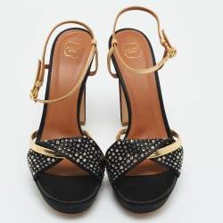 Pre Owned Malone Souliers Lauren Size 39 Black/Gold Leather and Satin Platform Sandals