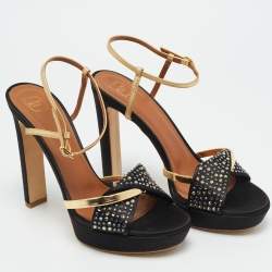 Pre Owned Malone Souliers Lauren Size 39 Black/Gold Leather and Satin Platform Sandals