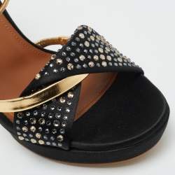 Pre Owned Malone Souliers Lauren Size 39 Black/Gold Leather and Satin Platform Sandals