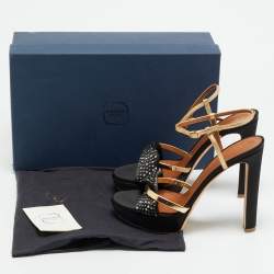 Pre Owned Malone Souliers Lauren Size 39 Black/Gold Leather and Satin Platform Sandals