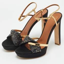 Pre Owned Malone Souliers Lauren Size 39 Black/Gold Leather and Satin Platform Sandals