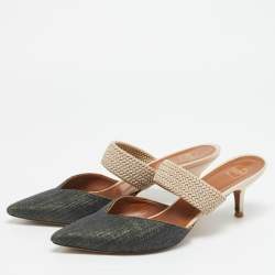 Pre Owned Malone Souliers Maisie Size 39.5 Cream/Blue Leather and Raffia Mules