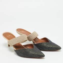 Pre Owned Malone Souliers Maisie Size 39.5 Cream/Blue Leather and Raffia Mules