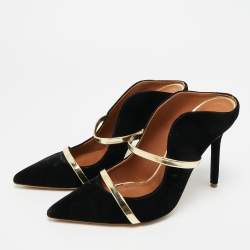 مملوكة مسبقًا Malone Souliers Maureen Size 38.5 Black/Gold Leather and Velvet Mules