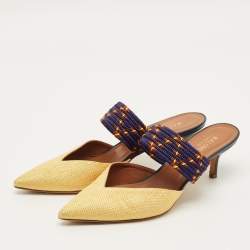 مملوكة مسبقًا Malone Souliers Maisie Size 41 Gold/Navy Blue Leather and Raffia Mules