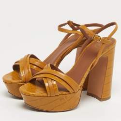 Pre Owned Malone Souliers Mila Size 38 Tan Croc Embossed Leather and Leather Platform Ankle Strap Sandals