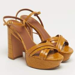Pre Owned Malone Souliers Mila Size 38 Tan Croc Embossed Leather and Leather Platform Ankle Strap Sandals