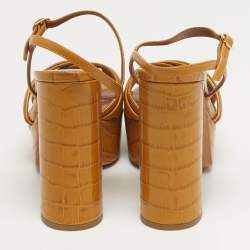 Pre Owned Malone Souliers Mila Size 38 Tan Croc Embossed Leather and Leather Platform Ankle Strap Sandals