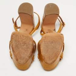 Pre Owned Malone Souliers Mila Size 38 Tan Croc Embossed Leather and Leather Platform Ankle Strap Sandals