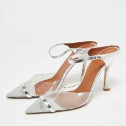 Pre Owned Malone Souliers Iona Size 38.5 Silver PVC and Patent Leather Heel Mules 