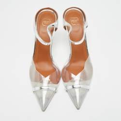 Pre Owned Malone Souliers Iona Size 38.5 Silver PVC and Patent Leather Heel Mules 