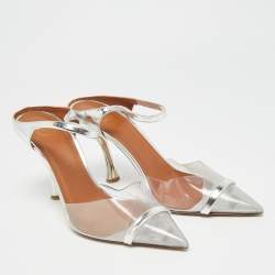 Pre Owned Malone Souliers Iona Size 38.5 Silver PVC and Patent Leather Heel Mules 