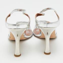 Pre Owned Malone Souliers Iona Size 38.5 Silver PVC and Patent Leather Heel Mules 