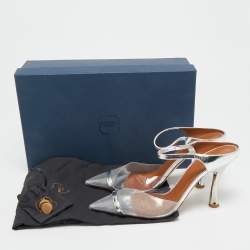 Pre Owned Malone Souliers Iona Size 38.5 Silver PVC and Patent Leather Heel Mules 