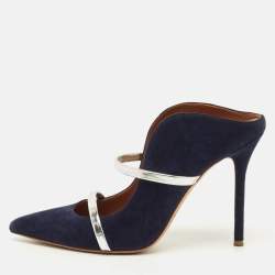 Pre Owned Malone Souliers Maureen Size 38 Navy Blue Leather and Suede Mules