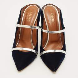 Pre Owned Malone Souliers Maureen Size 40 Dark Blue/Silver Velvet and Metallic Leather Pointed Toe Mules