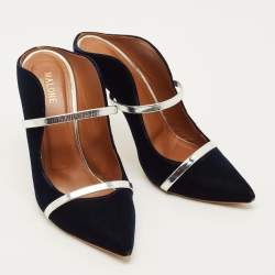 Pre Owned Malone Souliers Maureen Size 40 Dark Blue/Silver Velvet and Metallic Leather Pointed Toe Mules