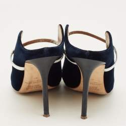 Pre Owned Malone Souliers Maureen Size 40 Dark Blue/Silver Velvet and Metallic Leather Pointed Toe Mules