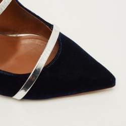 Pre Owned Malone Souliers Maureen Size 40 Dark Blue/Silver Velvet and Metallic Leather Pointed Toe Mules