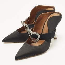 Pre Owned Malone Souliers x Emily in Paris Maureen Size 37 Black Satin Crystal Embellished Mules