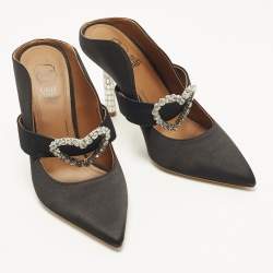 Pre Owned Malone Souliers x Emily in Paris Maureen Size 37 Black Satin Crystal Embellished Mules