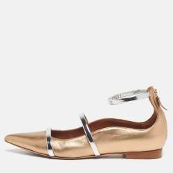 مملوكة مسبقًا Malone Souliers Maureen Size 38 Gold/Silver Leather Ankle Strap Ballet Flats