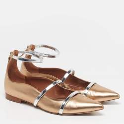 Pre Owned Malone Souliers Maureen Size 38 Gold/Silver Leather Ankle Strap Ballet Flats