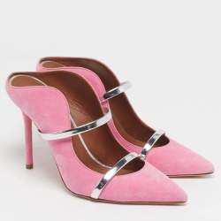 Pre Owned Malone Souliers Maureen Size 37 Pink/Silver Leather and Suede Mules