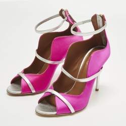 مملوكة مسبقًا حذاء كعب عالي مالون سولييه Mika ساتان وردي/فضي وجلد معدني بثلاثة أشرطة مقاس 38