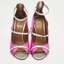 مملوكة مسبقًا حذاء كعب عالي مالون سولييه Mika ساتان وردي/فضي وجلد معدني بثلاثة أشرطة مقاس 38