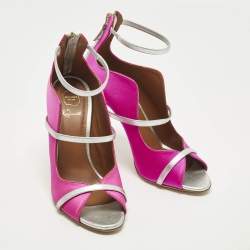 مملوكة مسبقًا حذاء كعب عالي مالون سولييه Mika ساتان وردي/فضي وجلد معدني بثلاثة أشرطة مقاس 38