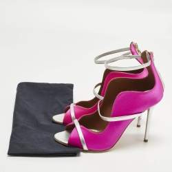 مملوكة مسبقًا حذاء كعب عالي مالون سولييه Mika ساتان وردي/فضي وجلد معدني بثلاثة أشرطة مقاس 38