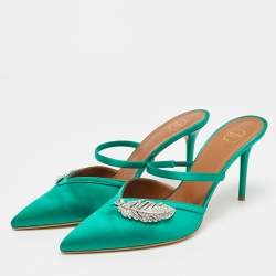 Pre Owned Malone Souliers Fara Size 41 Green Satin Crystal Embellished Mules
