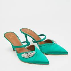 Pre Owned Malone Souliers Fara Size 41 Green Satin Crystal Embellished Mules