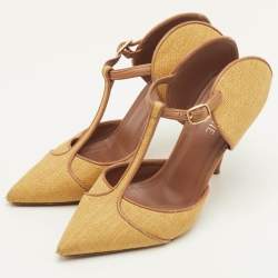 Pre Owned Malone Souliers Imogen Size 36.5 Yellow/Brown Canvas and Leather Pointed Toe Mules