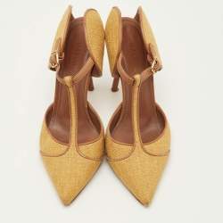 Pre Owned Malone Souliers Imogen Size 36.5 Yellow/Brown Canvas and Leather Pointed Toe Mules